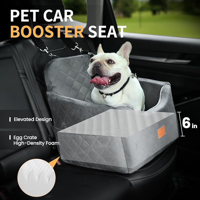 Dog Car Seat for Small Dog, Booster Seat for Dogs Under 30lb, Elevated Pet Seat with Pockets, Anti-Slip Bed for Car, Perfect for Front & Back Seats with Safety Leash (Grey, Medium)