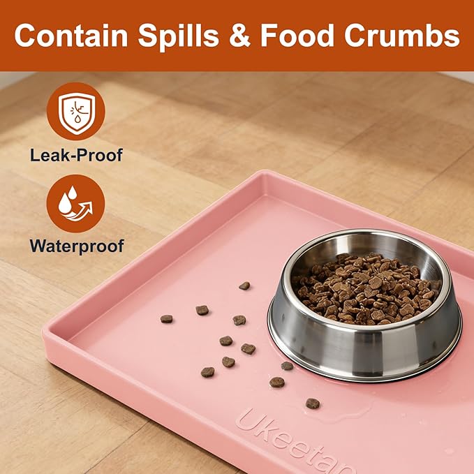 Extra Thick Silicone Mat Waterproof with Raised Edge 19” x 12”, BPA Free Non-Slip Dog & Cat Food Mat, Feeding Mat for Food and Water Bowls, Spill Proof Mat to Protect Floors, Pink