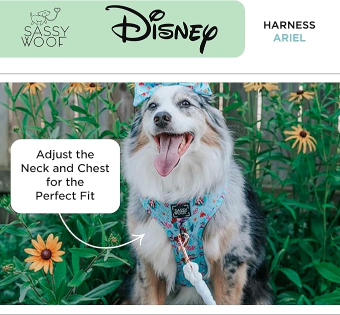 Sassy Woof Dog Adjustable Harness - Disney Princess Little Mermaid Ariel - XS, Breathable Mesh, No Pull Design with Two D-Rings, Perfect for Small Dogs and Puppies - Officially Licensed