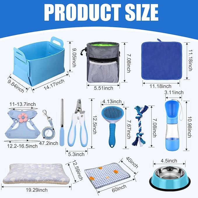 Abbylike 50 Pcs Puppy Supplies Starter Kit for Small Dogs Puppy Essentials Includes Leash, Bowls, Teeth Brushes, Water Bottle, and More Accessories for Dogs Christmas Welcome Gift(Blue)