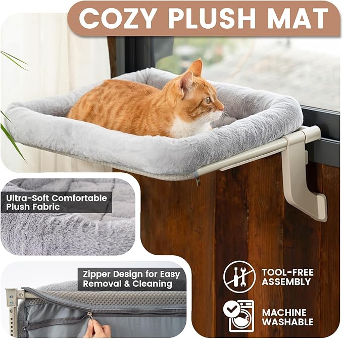 Window Sill Cat Perch with Large Bolster, Strong Metal Frame, Tool-Free, Easy to Assemble & Adjust, Suction Cups, Perfect for Window Sills, Bedside and Glass (White, Large)