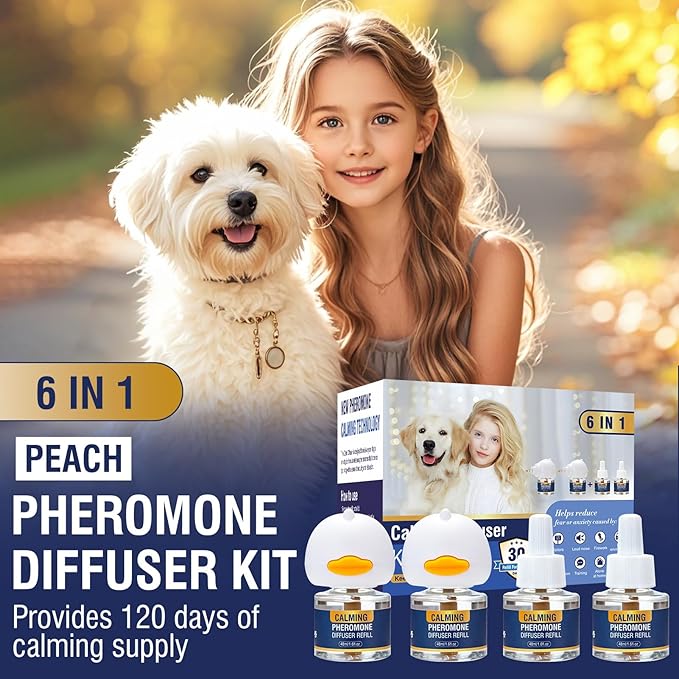 Dog Calming Pheromones Diffuser 6 in 1 Kit (2 Plug in+4 x48ml Refill) Appeasing Pheromone Diffuser to Calmfor Anxiety Relief Reduce Aggression Fighting Barking Stress 120 Day Supply(Peach)