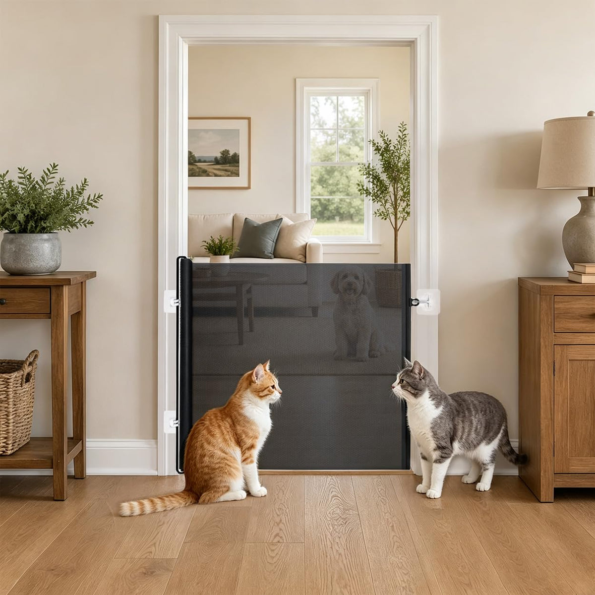 Retractable Indoor Dog Gate, No‑Drill Mesh Pet Fences | Pet Essentials - Image 1
