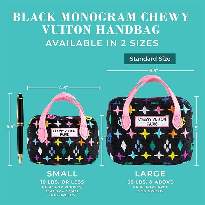 Haute Diggity Dog Black Monogram Chewy Vuiton Handbag, Plush Designer Dog Toys with Interactive Squeaker, Stimulating Pet Enrichment, Machine-Washable & Safe Materials for All Breeds, Size Small