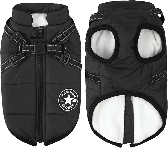 Aiboria Dog Coat for Winter Waterproof Dogs Jackets Windproof Fleece Small Dog Vest Harness Winter Padded Pet Black XXL