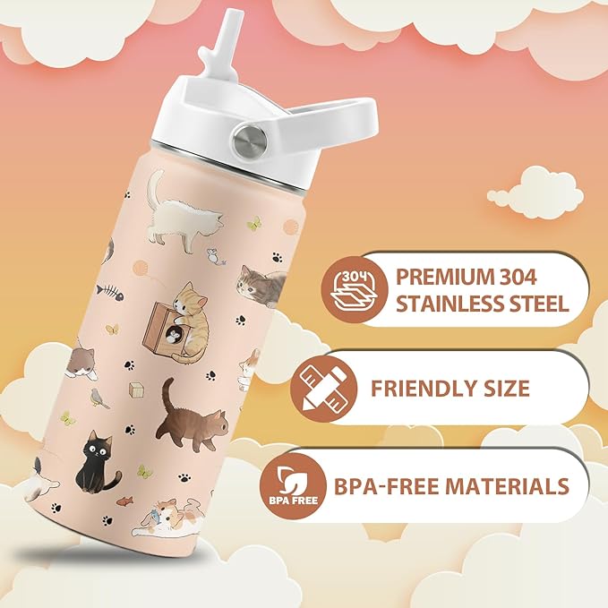 Cat Lover Gifts for Boys Girls, 16 oz Stainless Steel Insulated Water Bottle with Straw Lid, Cats Water Bottle for Cat Lovers, Cute Cat Tumbler for Birthday Christmas (1pcs)