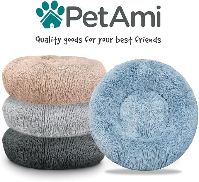 PetAmi Calming Dog Bed for Small & Medium Dogs and Cats, 23 Round Donut Dog Bed, Washable Fluffy Faux Fur Puppy & Cat Bed, Anti-Anxiety Plush Cuddler Pet Bed with Anti-Slip Bottom - Blue