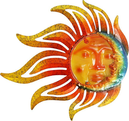 Metal Sun Moon Wall Art Decor, 12 Inch Retro Hanging Decor With Glass, Flame Sun Outdoor Indoor Wall Decorations For Patio Yard Garden Fence Living Room Bedroom