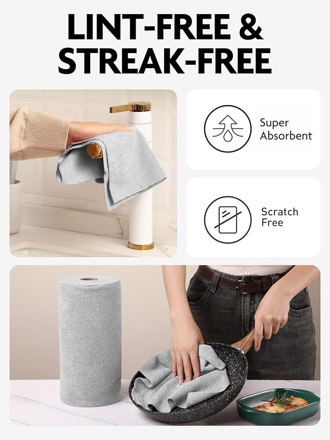 Fantasticlean Microfiber Towels Bundle, 75 Sheets Tear Away Cleaning Cloth Roll and 2 Pack Premium Drying Towel, for Home, car, Outdoor