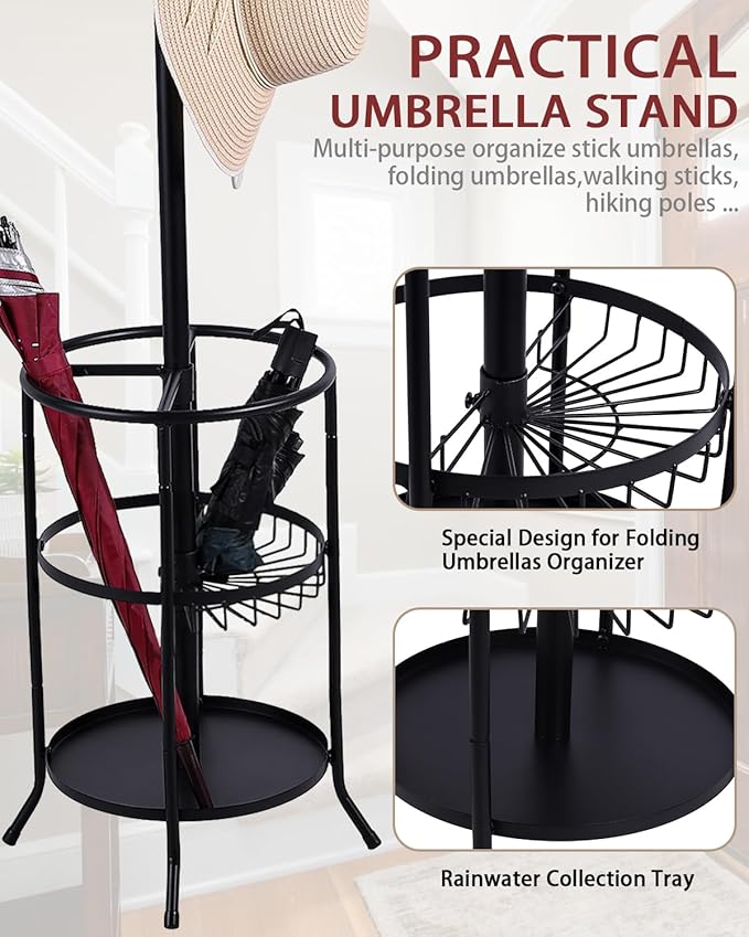 Metal Coat Rack, Freestanding Coat Rack Stand with Umbrella Holder, Coat Tree with 12 Hooks for Clothes Hats Bags, Modern Coat Hanger Stand for Entryway Living Room Bedroom Office Use, Black