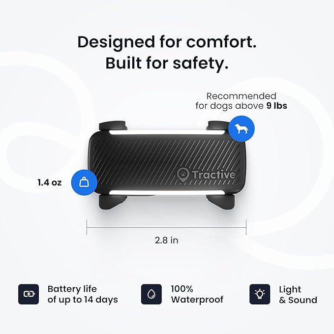 Tractive Smart Dog GPS Tracker | Live Pet Tracker with Virtual Fence | Vital Signs Monitoring of Heart & Respiratory Rate | Bark Monitoring | Dog Collar Attachment (Black)