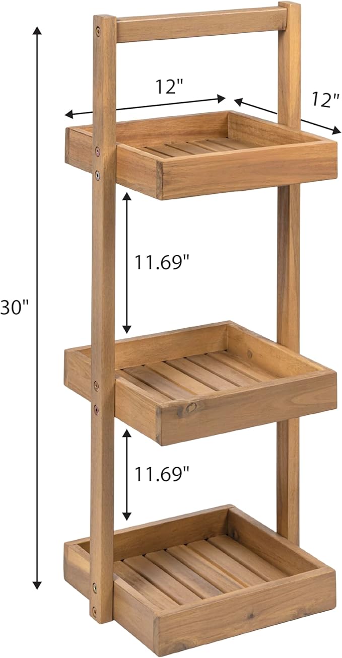 happimess SHF1001T Tilly 30" Classic Rustic 3-Tier Acacia Wood Freestanding Bathroom Shower Caddy with Handle, Rack for Bath, Office, Kitchen Desktop, Light Teak