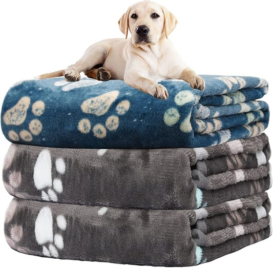 Rezutan Dog Blankets for Large Dogs, Premium Cat Flannel Blanket Washable, Soft Pet Throw Cover for Kennel Crate Bed, Cute Paw Pattern, 41x31 inch, 2Gray1Blue