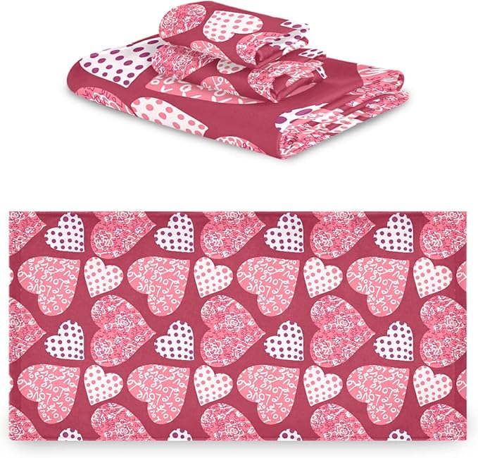 Pfrewn Pink Plaid Hearts Towels Set of 3 Romantic Love Dot Spring Bathroom Towel Soft Absorbent Bath Hand Towels Washcloth Guest Towel Sets Mother's ValentineDecorations