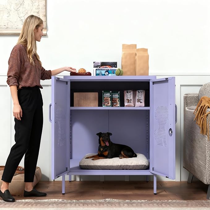 2 Door Dog House Multifunctional Storage Cabinet with Lockable Pet Enclosure and Adjustable Shelf Indoor Outdoor Storage for Dog Food and Miscellaneous Items Purple Size: 33"H x 29.5"W x 19.7"D