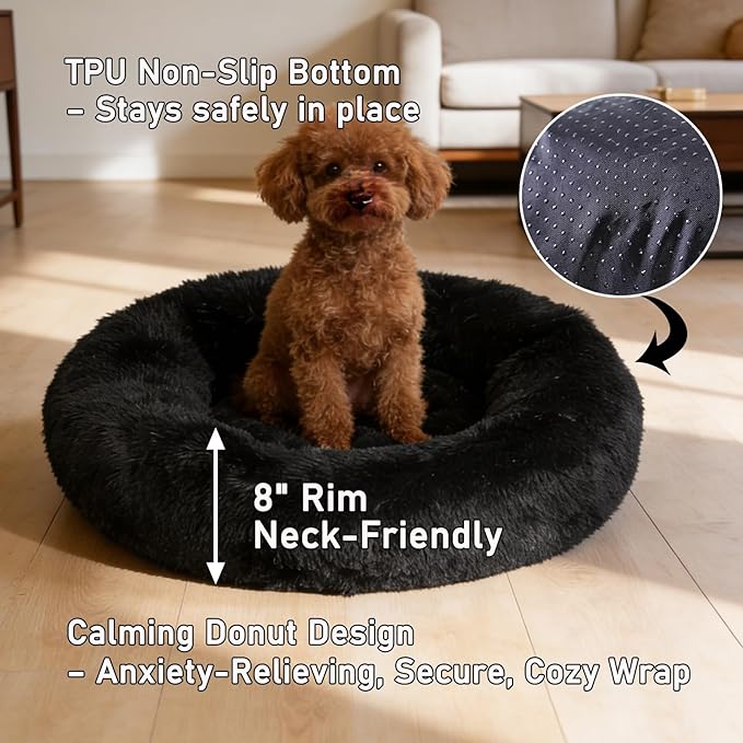 Calming Donut Dog Beds for Small Dogs Kitten - Washable Removable Cover Non-Slip Bottom, Round Pet Bed Puppy Bed Warming Fluffy Faux Fur Anti-Anxiety, Fits up to 15 lbs (Black, 20")