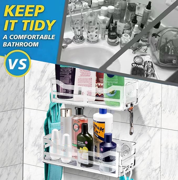 JiePai Acrylic Shower Caddy, Clear Wall Mounted Bathroom Organizer with Hooks, No-Drill Adhesive Shower Shelf for Shampoo, Soap & Toiletries, Waterproof Rustproof, 2 Pack