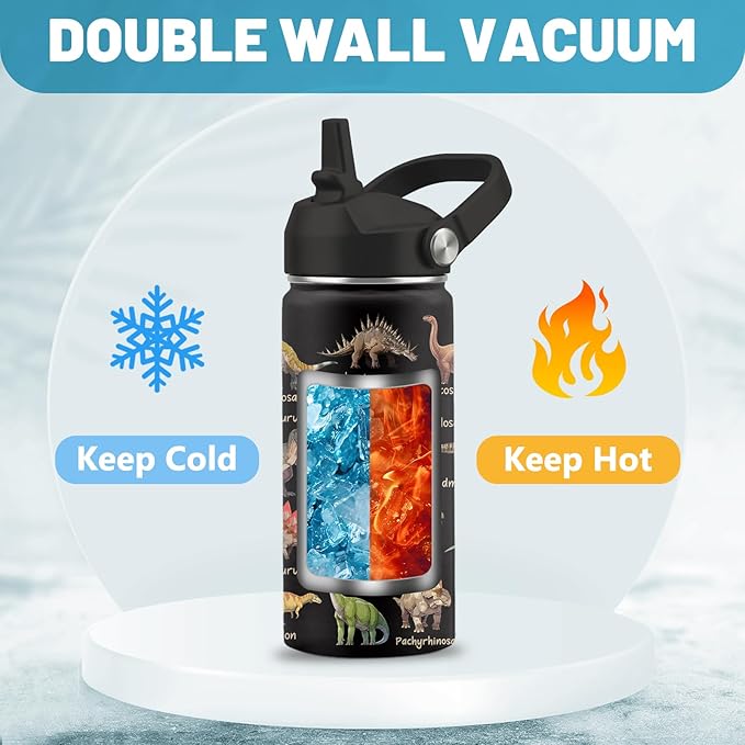 Dinosaur Gifts, 16 oz Water Bottle with Straw Lid, Stainless Steel Insulated Water Bottle for Travel Outdoor, Dinosaur Cup for Dinosaur Lovers (1pcs)