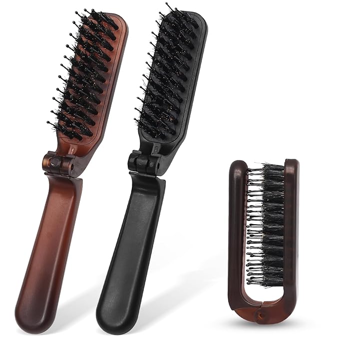 2 Pack Foldable Hair Brush Travel Hairbrush, Boar Bristle Hair Brush Portable Collapsible Pocket Comb for Women and Men, Suitable for Travel, Purse, Anti-Static Design (Amber & Black)