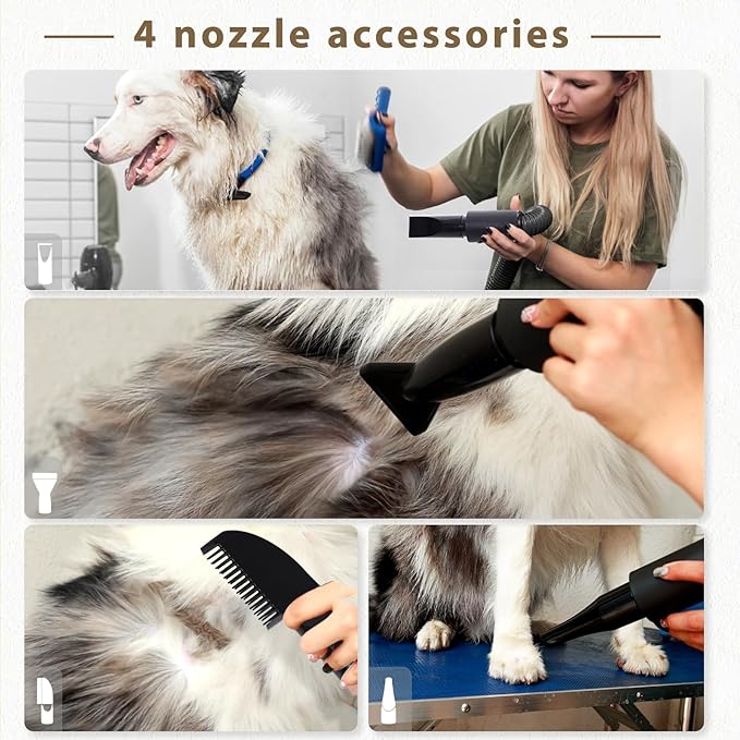 High Velocity Blow Dryer For Dogs, 5.2HP/ 3800W Dog Hair Dryer Speed Temperature Adjustable，Dog Blow Dryer with Thickened Handle,Low Noise Dog Blower Grooming Dryer，4 Nozzles ,1 Massage Brush,Black