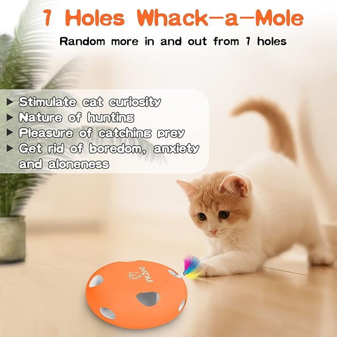 Cat Toys, Interactive Cat Toys for Indoor Cats, Ultra Fun Smart Interactive Kitten Toy, Automatic 7 Holes Mice Whack-A-Mole， USB Rechargeable, 4 Pieces Feather Refills (Orange)