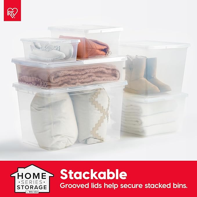 IRIS USA 6-Pack Storage Bins with Lids, 28 Quart, Clear Stackable Containers Box Organize Shoes Closet Shelves Clothes Blankets Towels - BPA-Free Plastic