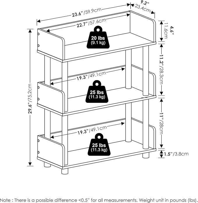 Furinno Turn-N-Tube 3-Tier Display Shelf, Storage Shelves, Book Shelf, Open Shelves with Rounded Corner Top Edges, for Organization and Storage, Living Room, Home Office, White