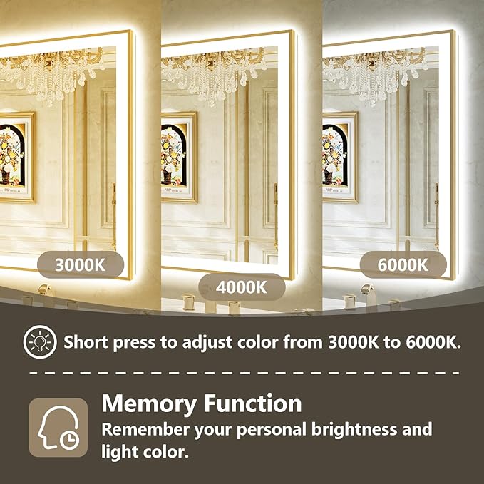 60x36 Inch LED Bathroom Mirror with Lights (Front Lit and Backlit) Gold Framed Lighted Vanity Mirror for Bathroom Wall Dimmable Anti-Fog Memory Tempered Glass Horizontal/Vertical