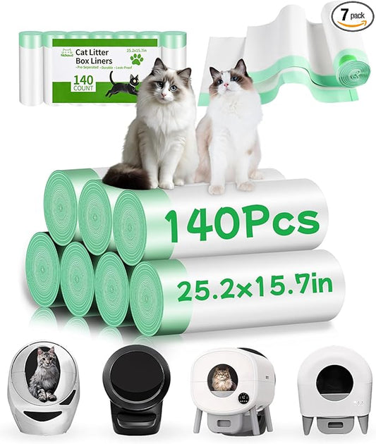 140 Count Cat Litter Box Liners Compatible with Litter Box Robot 4/5/3, Thick 10-12 Gal Waste Drawer Liners Bags with Strong Ties, Pre-separated for Easy Use,25.2"x15.7"