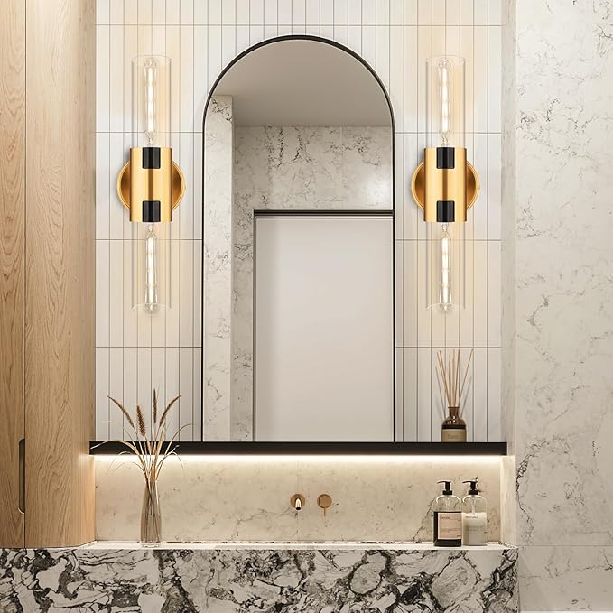 2-Light Bathroom Vanity Light Fixtures, 17.5" Indoor Wall Sconce with Clear Glass, Modern Cylinder Wall Lights for Bathroom, Bedroom, Hallway, Stairways, Living Room (Brushed Gold)