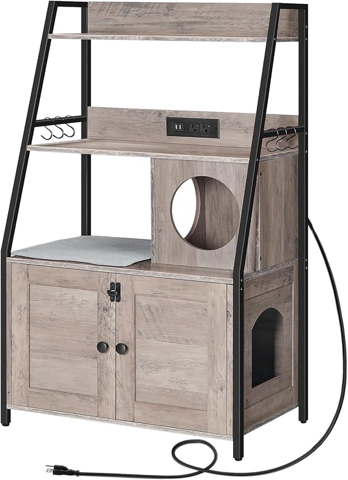 HOOBRO Litter Box Enclosure with 2 Storage Shelves, Tall Litter Box Furniture Hidden with Charging Station, Indoor Hidden Litter Box Furniture with Plush Mat, Greige BG70UMW01