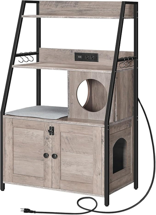 HOOBRO Litter Box Enclosure with 2 Storage Shelves, Tall Litter Box Furniture Hidden with Charging Station, Indoor Hidden Litter Box Furniture with Plush Mat, Greige BG70UMW01