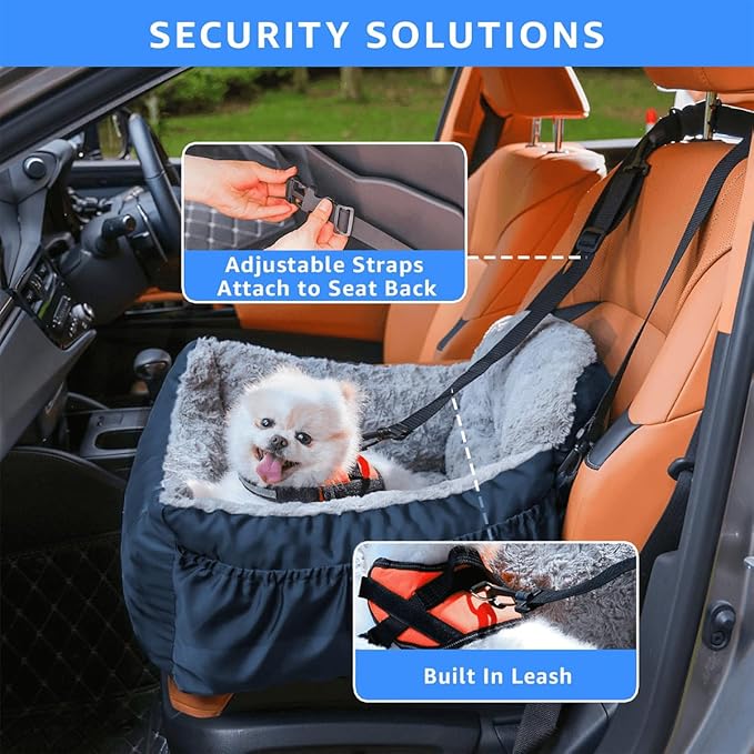 Dog Car Seat for Small Dogs,Washable Pet Booster Seats for Car with Clip-On Safty Leash, Reversible Puppy Carseat with Storage Pockets, Travel Carrier Bed for Dogs Under 25 lbs, Blue