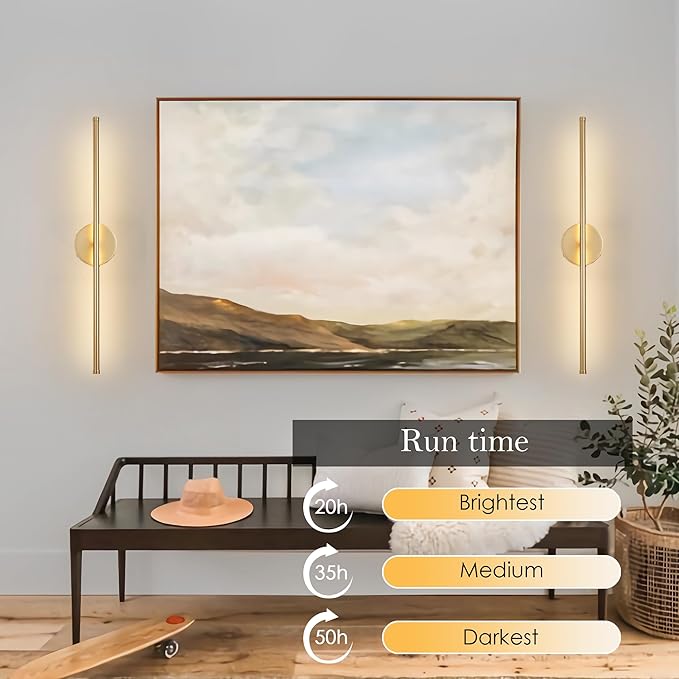 Battery Operated Wall Sconces, Dimmable Wall Sconces Set of Two, 350°Rotate, 3000K LED Gold Wireless Wall Light for Living Room, Bedroom, Hallway, 24.4 Inch (2 Pack)