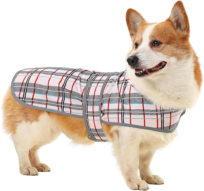 Dog Raincoat for Medium Dogs Waterproof Hooded Rain Jacket with Reflective Strips Leash Hole & Poncho Adjustable Fit (Plaid,L)