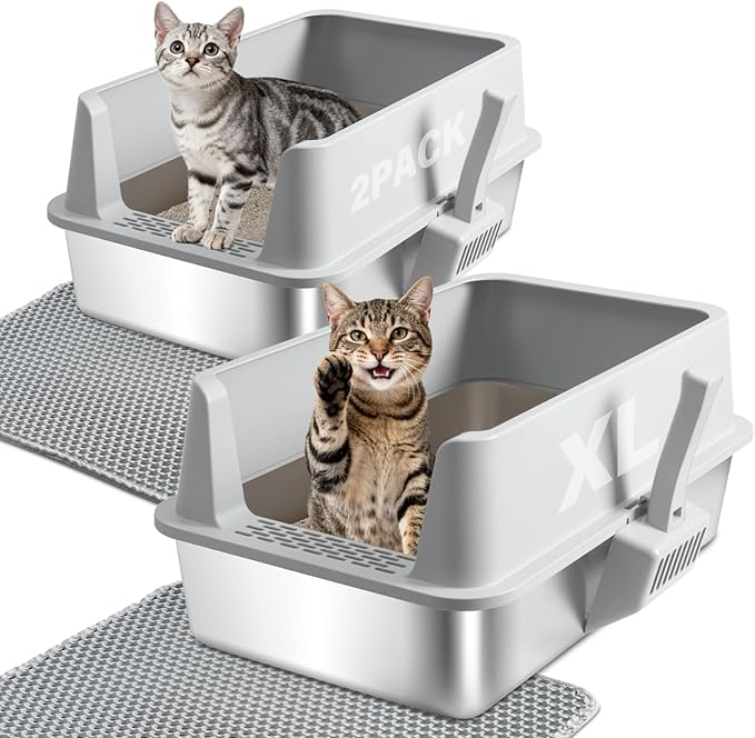 2PACK Stainless Steel Litter Box, Metal Litter Box with High Sides Lid, XL Large Cat Litter Boxes for Big Cats, Never Absorbs Odors, Anti-Urine Leakage, Easy Cleaning, Non-Stick, Include Scoop and Mat