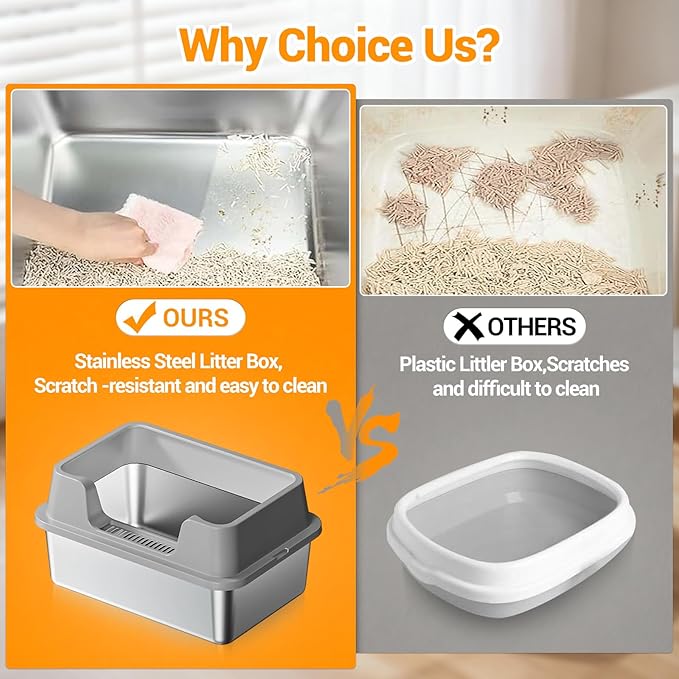 Enclosed Stainless Steel Cat Litter Box with Lid, XL Extra Large Litter Box for Big Cats, Metal Litter Pan High Sided, Never Absorbs Odors, Anti-Urine Leakage, Easy Cleaning, Include Scoop