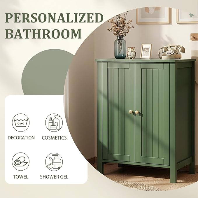 Karl home Freestanding Bathroom Floor Storage Cabinet, Narrow Slim Bathroom Storage Cabinet with 2 Doors and Interior Shelves, Forest Green