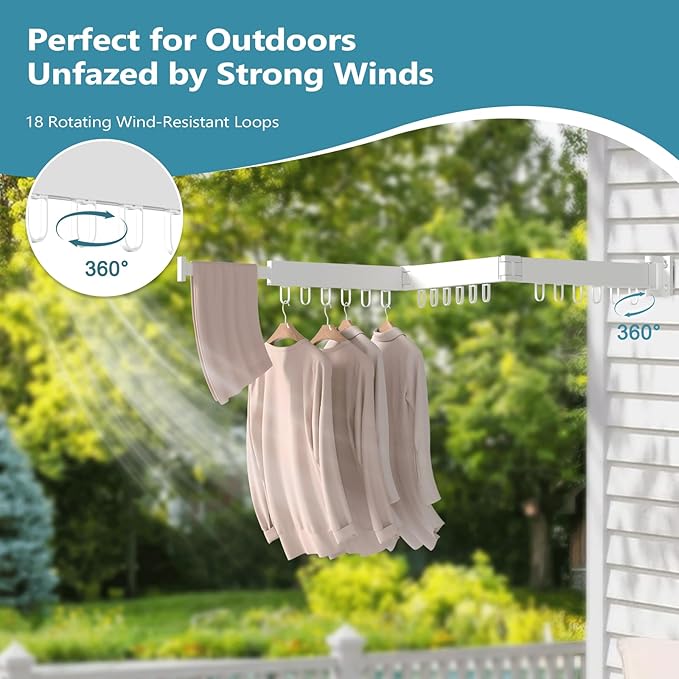 JAUREE Wall Mounted Clothes Drying Rack, Foldable & Collapsible Laundry Drying Rack, Space Saving Tri-Fold Retractable Dryer with 18 Hooks for Indoor & Outdoor, White