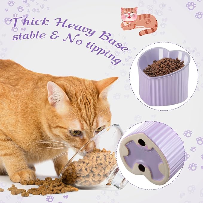 Mumufy 2 Pcs Ceramic Elevated Cat Bowls Tilted Elevated Raised Pet Bowls Anti Vomit Cat Dish for Indoor Stress Free Water Dish Feeder for Puppies, Heart Shaped (Purple)