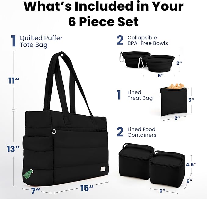 Puffer Dog Travel Bag for Dog Moms – Doggy Diaper Bag with Pet Bowls & Food Storage or Everyday Puffy Tote – Christmas Doggy Mom Gifts for Women – Lightweight, Travel-Ready Gift for Pet Lovers - Black