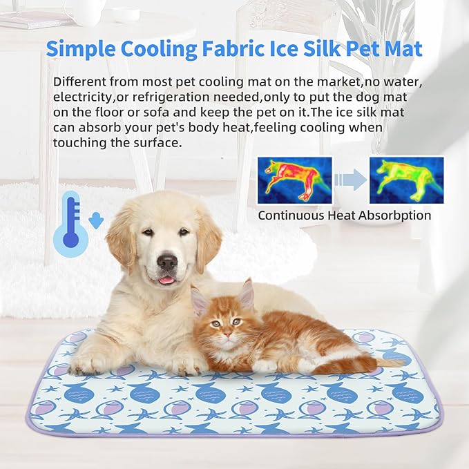 NWK Pet Cooling Mat -Q-Max>0.345 Ice Silk Cooling Mat for Dogs & Cats Portable & Washable Pet Cooling Blanket, Car Seats, Beds for Summer (Purple Fish, 20'' X 16'' X 0.3'')