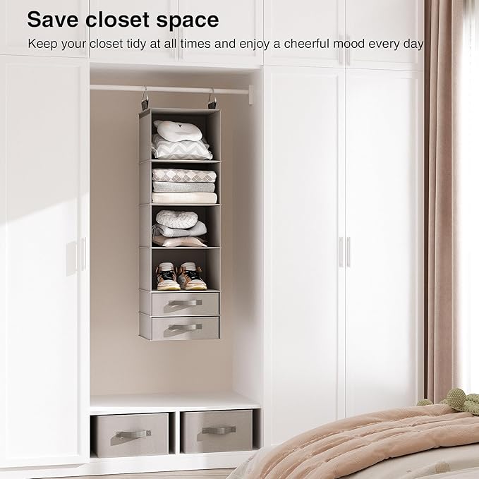 Hanging Closet Organizer with Storage Drawers, Made of 600D Thickened Oxford Cloth, Washable, Tear-Resistant, Strong Load-Bearing Without Deformation (Light Gray)