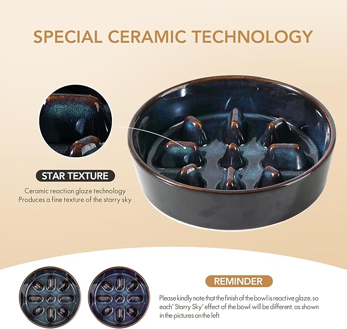 Ceramic 0.9 Cup Dog Bowl Slow Feeder, 6.1inch Slow Dog Food Bowl for Small Dog and Cat, Stop Bloat, Preventing Choking(Single Bowl, Starry Sky)