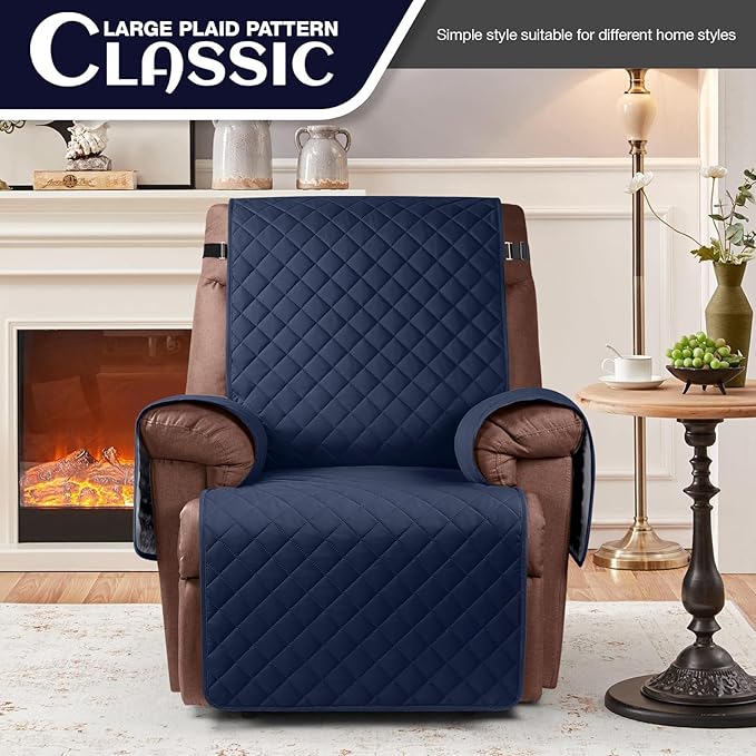 KinCam 100% Waterproof Recliner Chair Cover, Reclining Couch Covers for Pets, Dogs, Recliner Couch Slipcover Furniture Protector with Elastic Straps for Kids(25", Dark Blue)