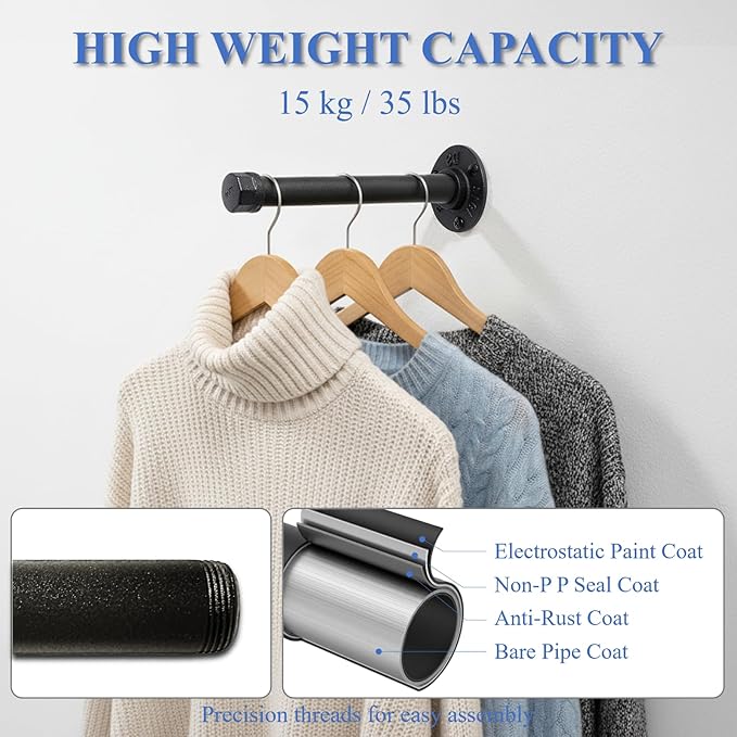Wall Mounted Clothes Rack, Industrial Pipe Clothing Rack for Hanging Clothes, Heavy Duty Cast Iron Garment Racks for Wardrobe Organizers, DIY Closet Rods Closet Bar (Black 2 Pack, 8 Inch)