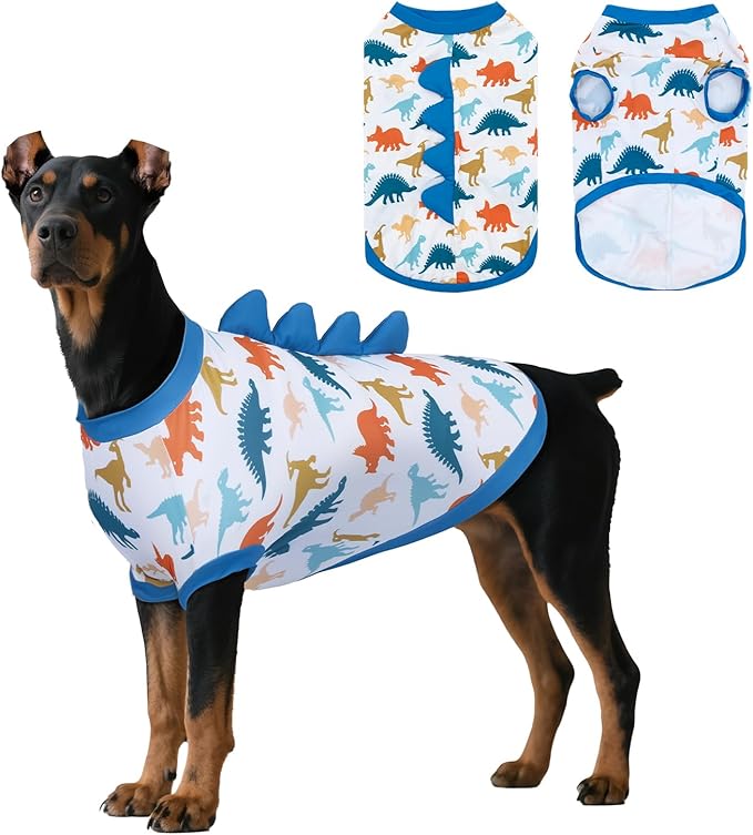 UPF 50+ Sun Protection Dog Shirt - Sleeveless Cooling Vest for Large Dogs Boy, Quick-Dry Pet T-Shirt with Funny Dinosaur Horns, UV Protective Breathable Dog Clothes U-COSBX02XL