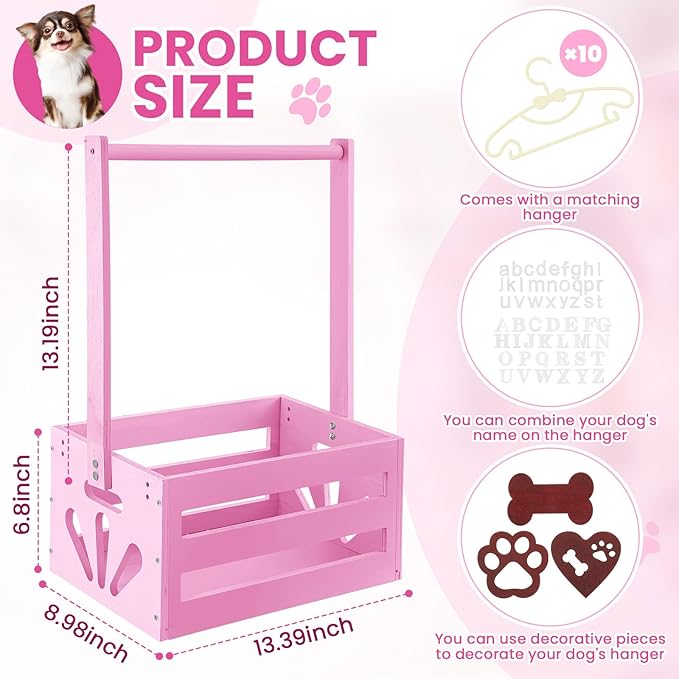 20 x 13 x 9 Wooden Dog Closet Pet Wardrobe Crate Box with Hanging Rods and Personalized Alphabet Letters Easy Assembly Baskets for Dog Cat Toys Clothes Accessories(Pink)