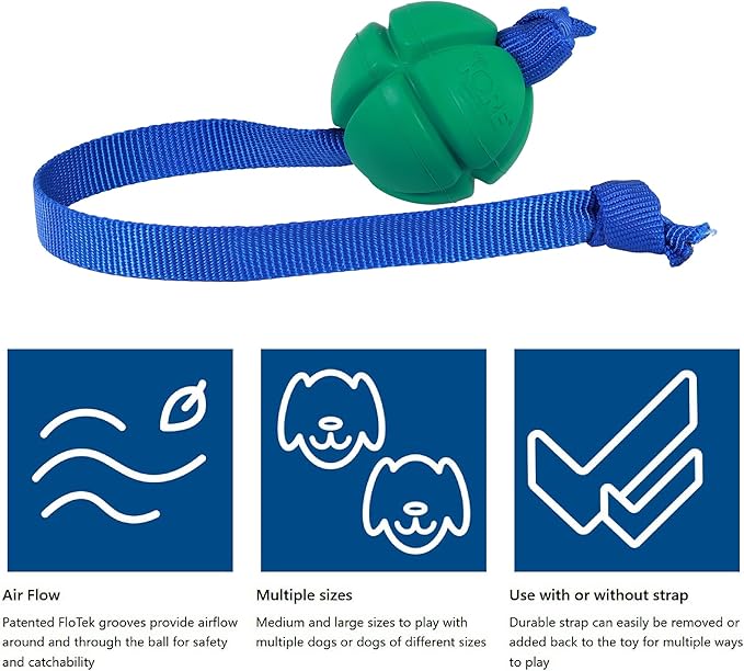 PetKORE: FloTex Tug - Large - 3.25" Green, Rubber Dog Toy, Removable Strap Tail, Patented Airflow Grooves, Bounce-Fetch-Chew, Pet Indoor-Outdoor Play