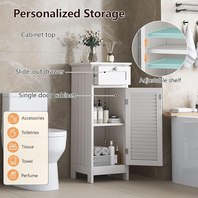 Small Bathroom Storage Cabinet, Freestanding Narrow Floor Cabinet with Drawer & Shutter Door for Small Spaces, Storage Organizer for Bathroom, Living Room, Entryway, 12.6 x 11.8 x 34.3 in